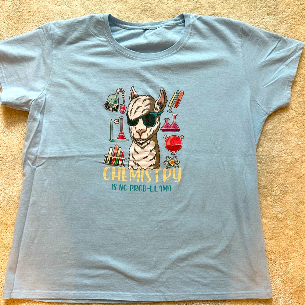 Chemistry Nerd t-shirt, Chemistry is no prob-llama. Light blue. Ladies size 2XL